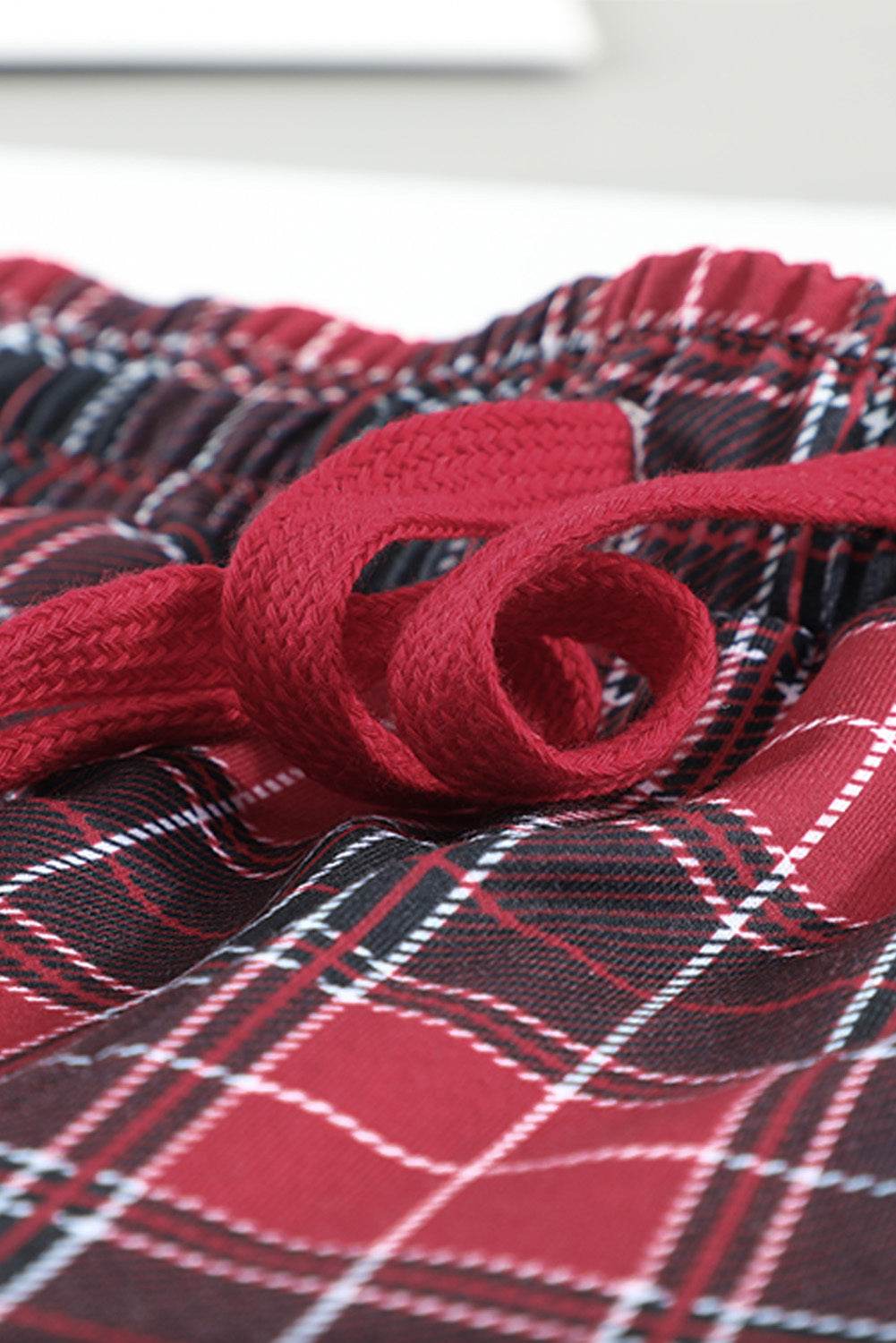 Round Neck Top and Drawstring Plaid Pants Lounge Set - Velveta Studio