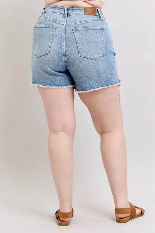 Judy Blue Plus Size HW Rigid Magic Destroy Cut Off Denim Shorts - Velveta Studio
