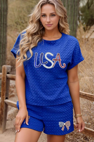 Textured Sequined USA Top and Bowknot Shorts Set - Velveta Studio
