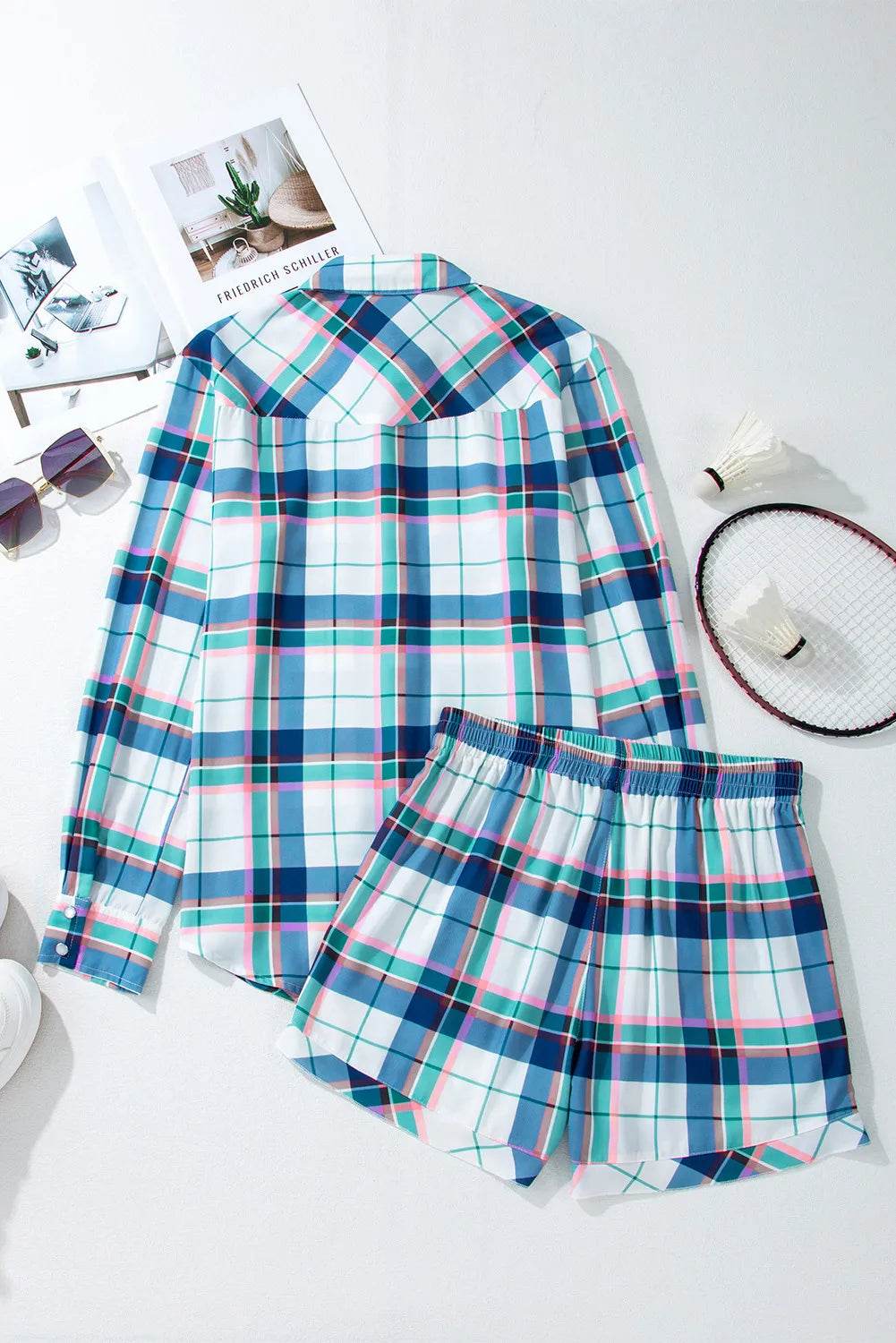 Plaid Snap Down Long Sleeve Top and Shorts Lounge Set - Velveta Studio