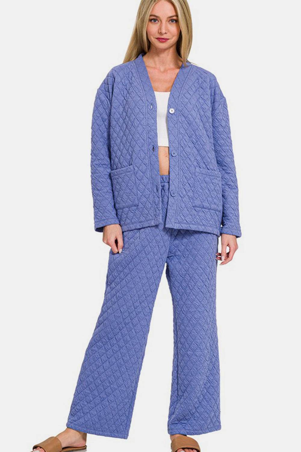 Zenana Quilted Button Up Long Sleeve Top and Pants Lounge Set - Velveta Studio