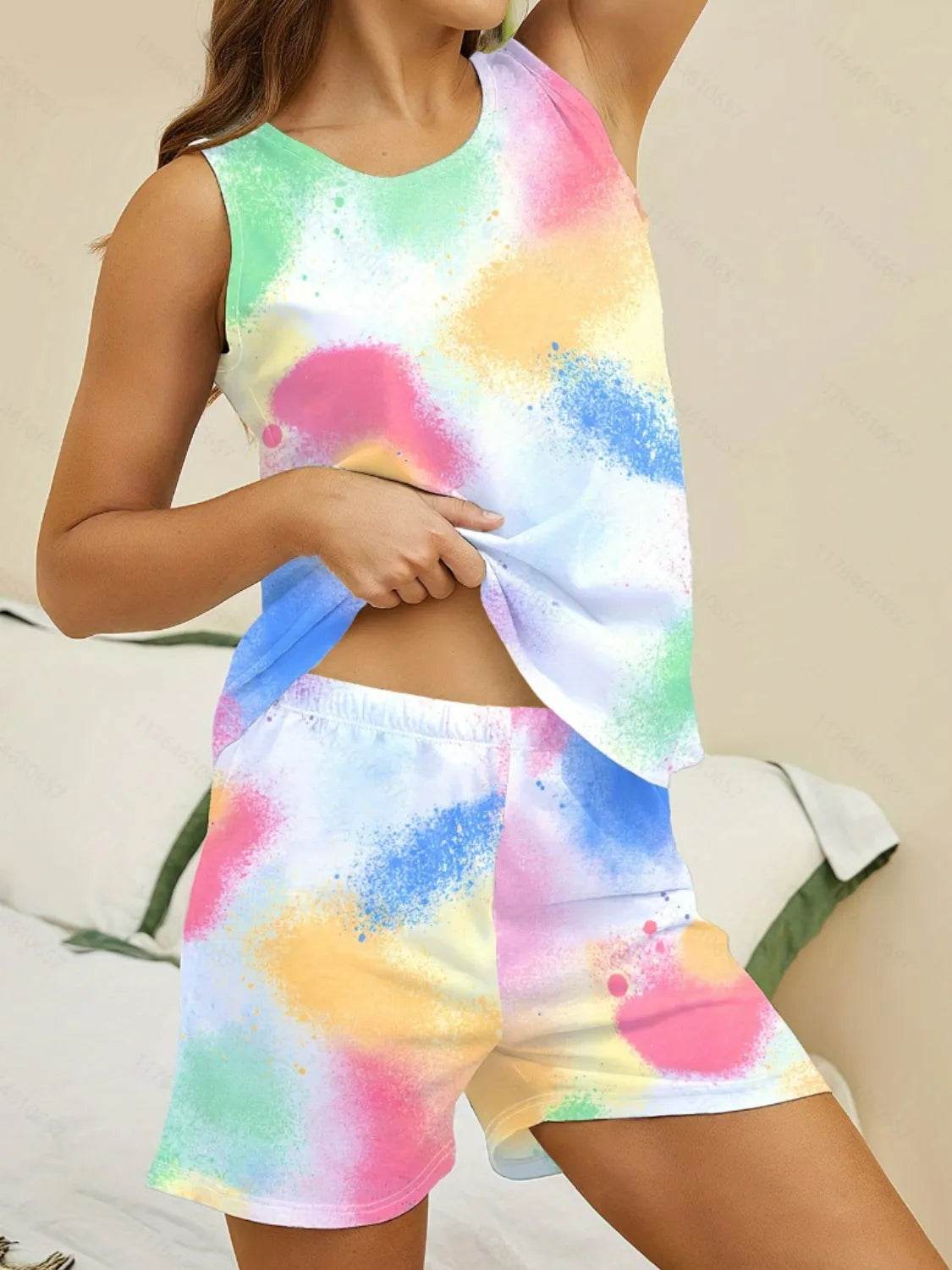 Printed Round Neck Top and Shorts Lounge Set - Velveta Studio