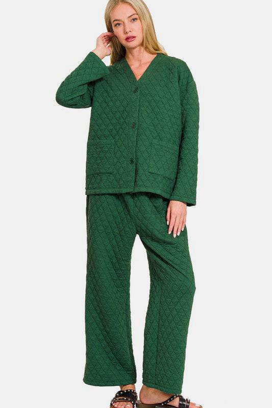 Zenana Quilted Button Up Long Sleeve Top and Pants Lounge Set - Velveta Studio