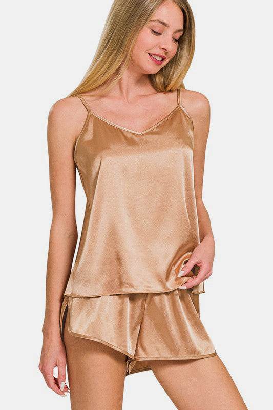 Zenana V-Neck Satin Cami and Elastic Waist Shorts Lounge Set - Velveta Studio