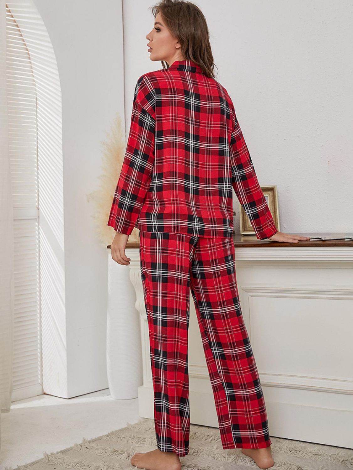 Plaid Collared Neck Long Sleeve Top and Pants Lounge Set - Velveta Studio