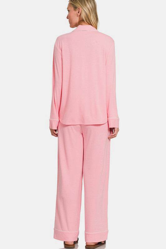 Zenana Button Down Long Sleeve Top and Pants Lounge Set - Velveta Studio