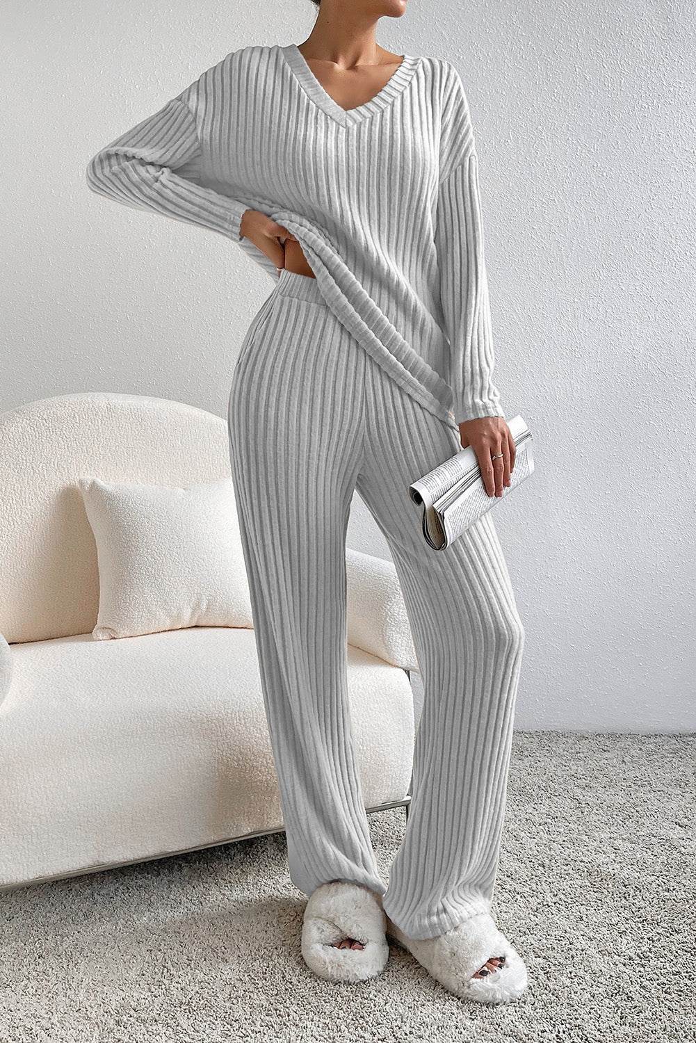 Ribbed V-Neck Top and Pants Lounge Set - Velveta Studio