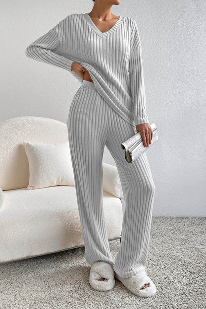 Ribbed V-Neck Top and Pants Lounge Set - Velveta Studio