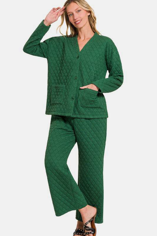 Zenana Quilted Button Up Long Sleeve Top and Pants Lounge Set - Velveta Studio
