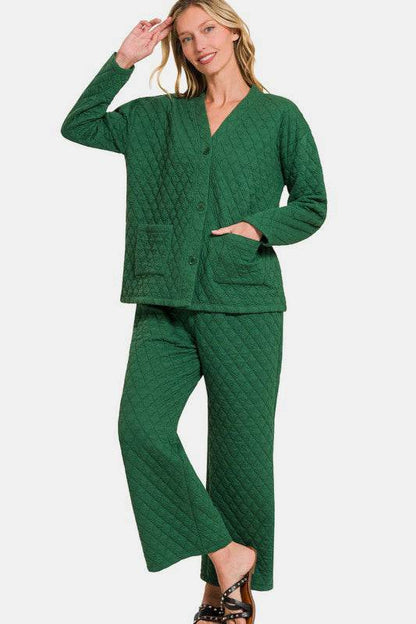 Zenana Quilted Button Up Long Sleeve Top and Pants Lounge Set - Velveta Studio