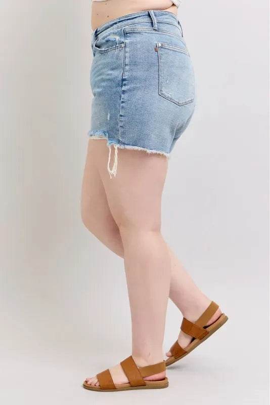 Judy Blue Plus Size HW Rigid Magic Destroy Cut Off Denim Shorts - Velveta Studio