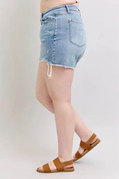 Judy Blue Plus Size HW Rigid Magic Destroy Cut Off Denim Shorts - Velveta Studio