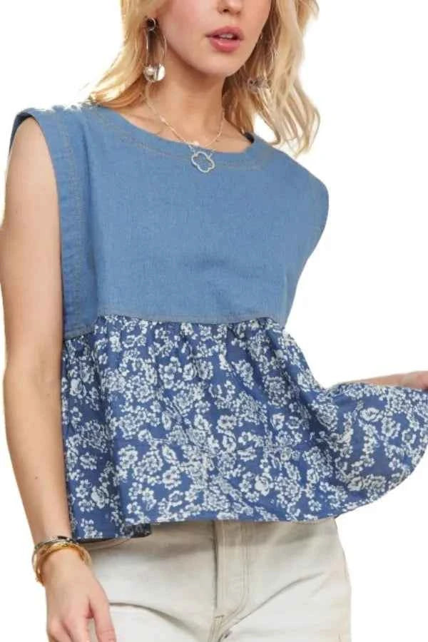 ADORA Sleeveless Denim Contrast Top