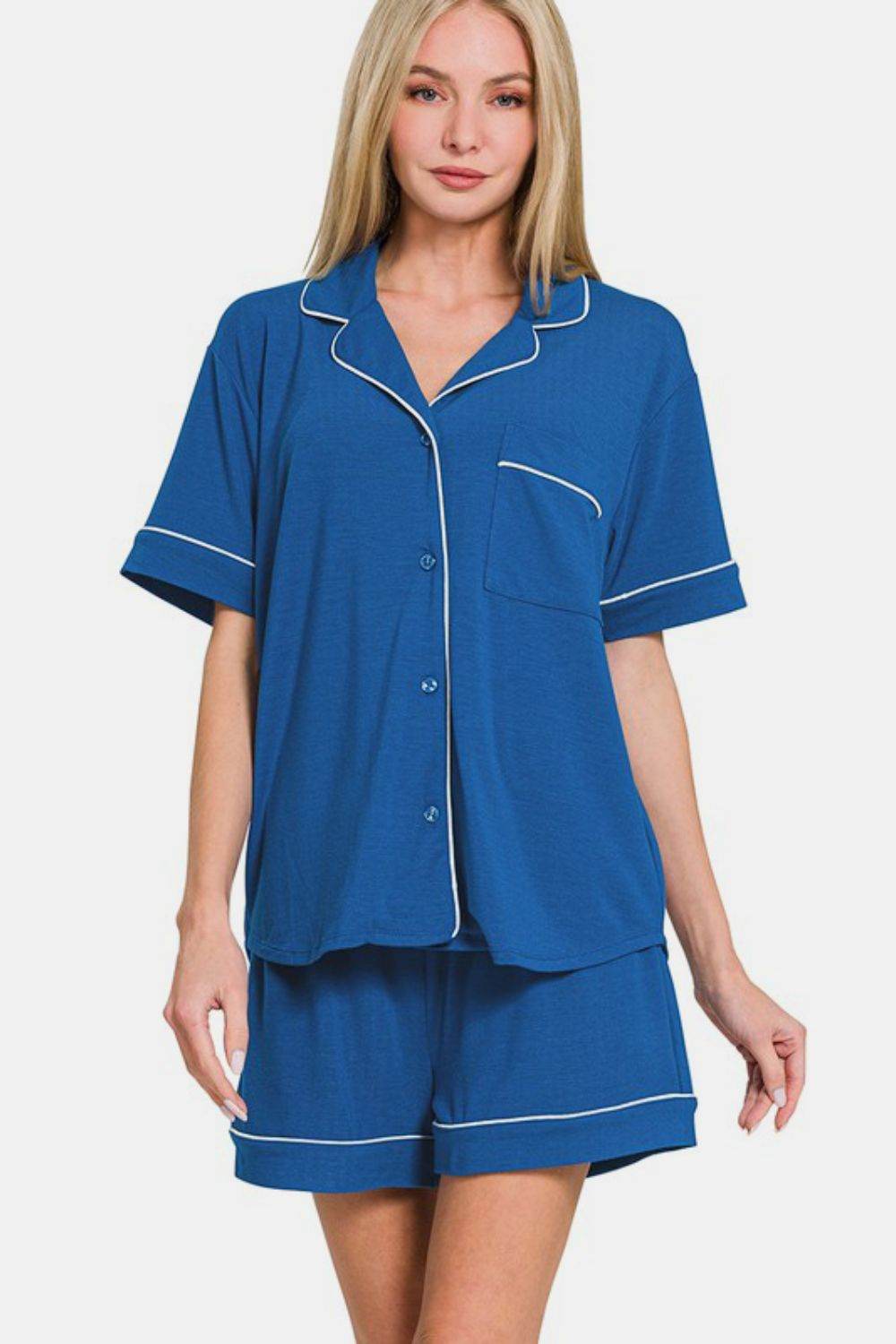Zenana Button Down Short Sleeve Top and Shorts Lounge Set - Velveta Studio