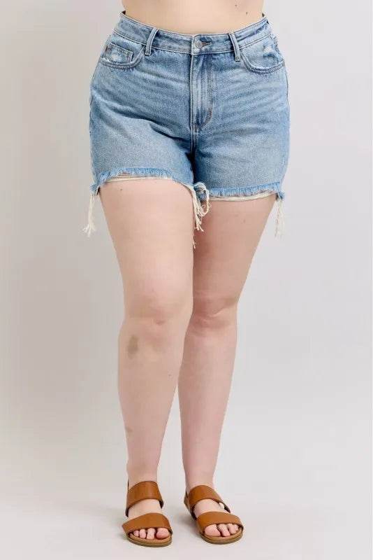 Judy Blue Plus Size HW Rigid Magic Destroy Cut Off Denim Shorts - Velveta Studio