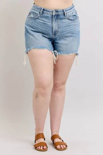Judy Blue Plus Size HW Rigid Magic Destroy Cut Off Denim Shorts - Velveta Studio
