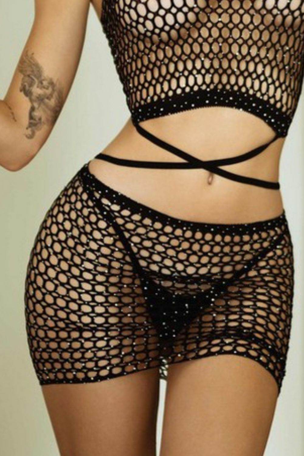 Yelete Rhinestone Fishing Net Crisscross Two-Piece Lingerie Set - Velveta Studio