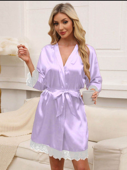 Tied Lace Detail Three-Quarter Sleeve Lounge Nightgown - Velveta Studio