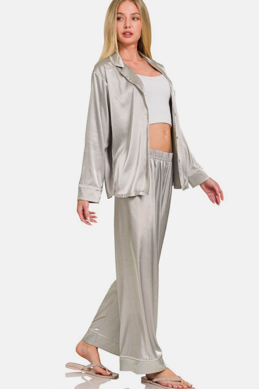 Zenana Satin Long Sleeve Shirt and Pants Pajama Set - Velveta Studio