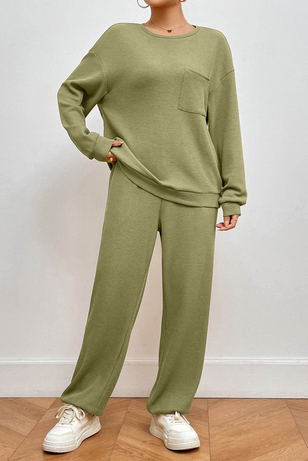 Pocketed Round Neck Top and Pants Lounge Set - Velveta Studio