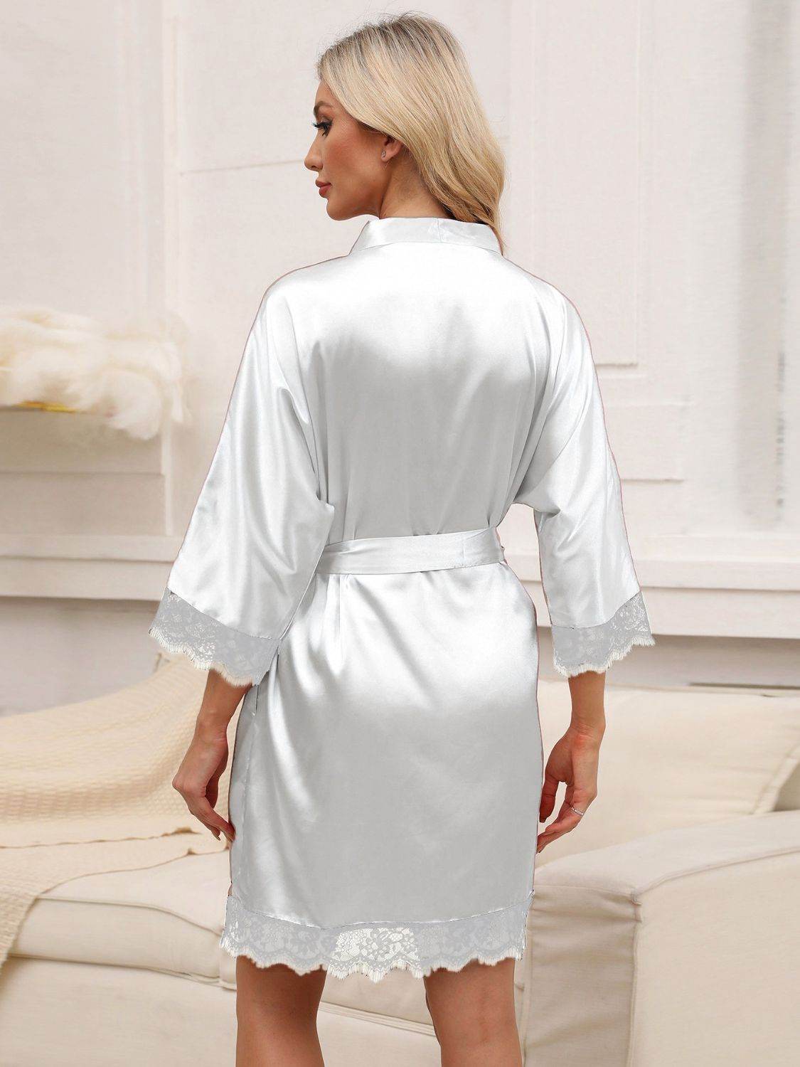 Tied Lace Detail Three-Quarter Sleeve Lounge Nightgown - Velveta Studio