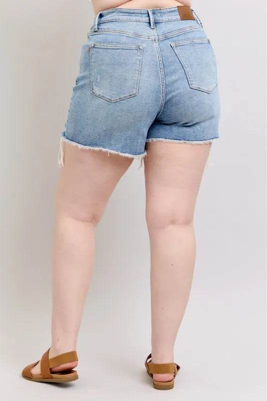 Judy Blue Plus Size HW Rigid Magic Destroy Cut Off Denim Shorts - Velveta Studio