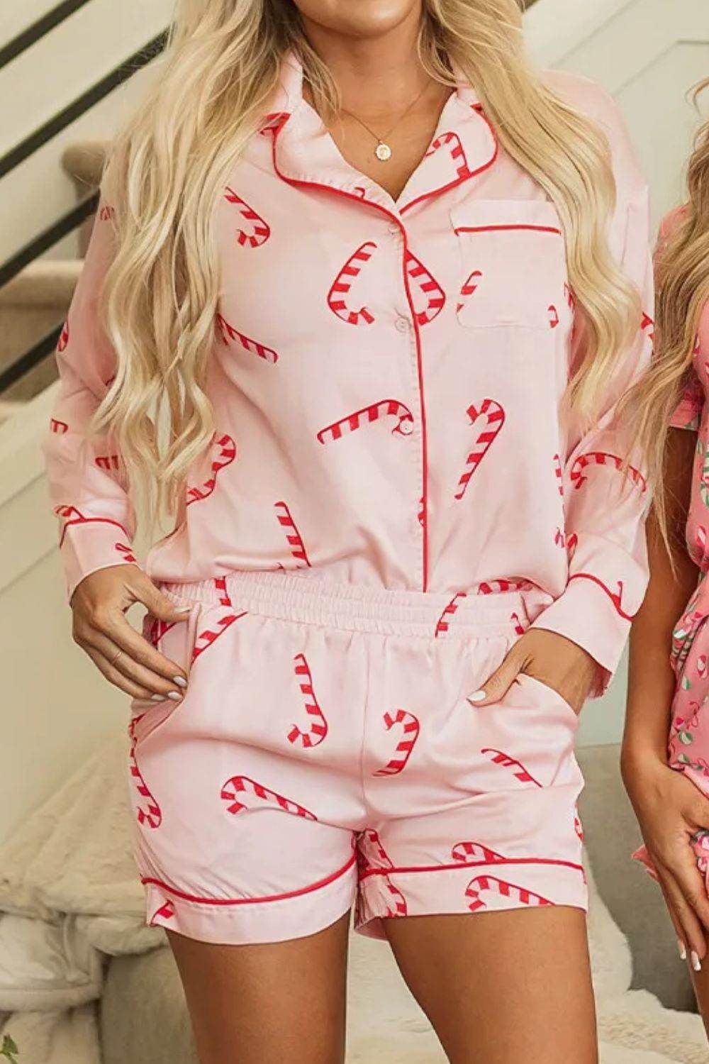 Candy Cane Collared Neck Long Sleeve Top and Shorts Lounge Set - Velveta Studio