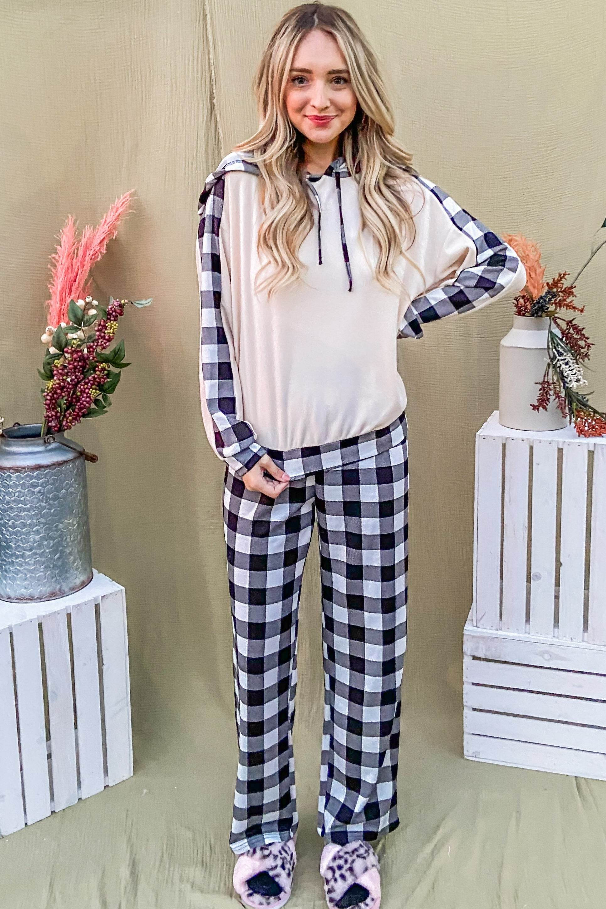 And The Why Drawstring Hooded Top and Plaid Pants Lounge Set - Velveta Studio