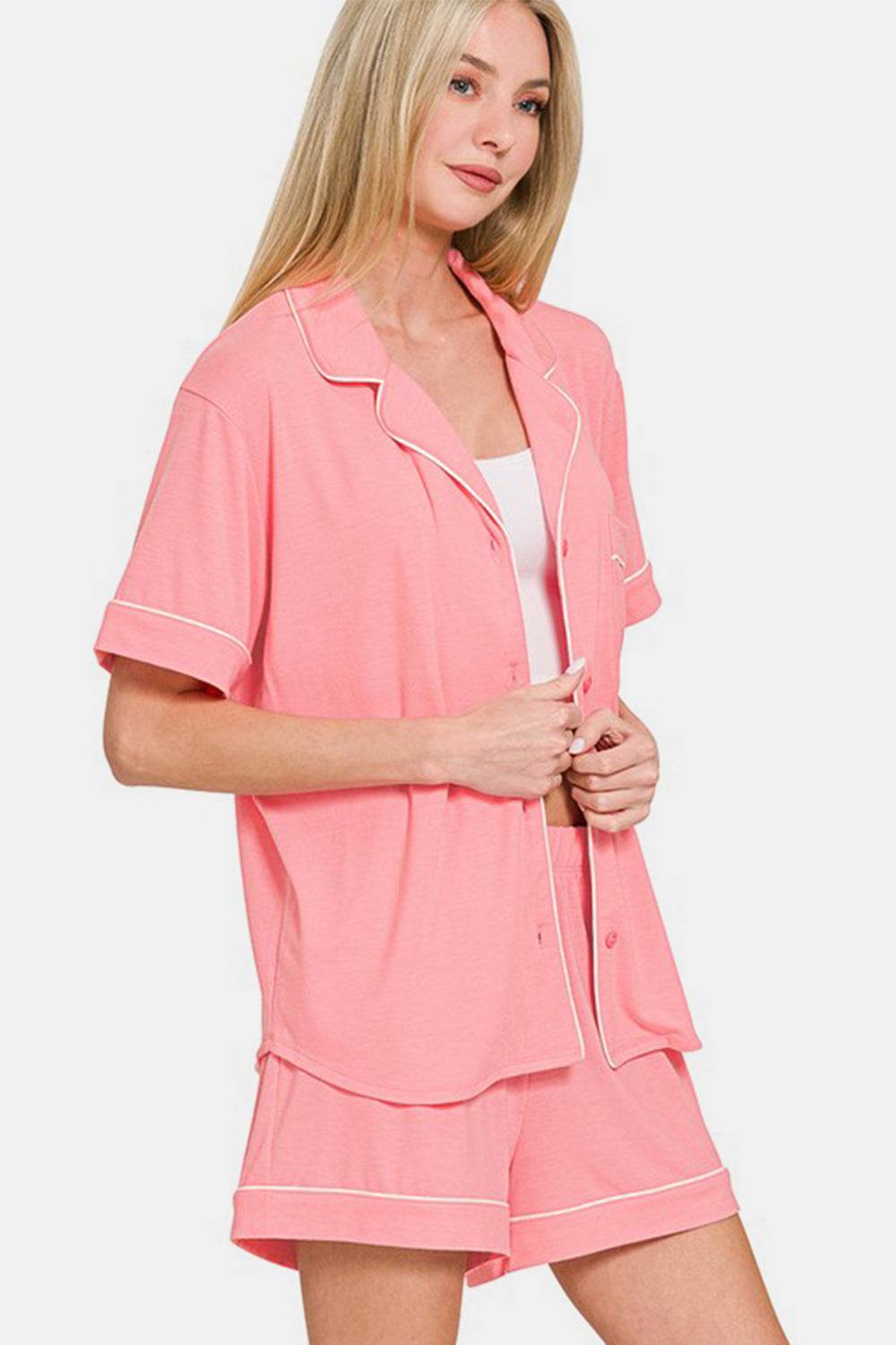 Zenana Button Down Short Sleeve Top and Shorts Lounge Set - Velveta Studio