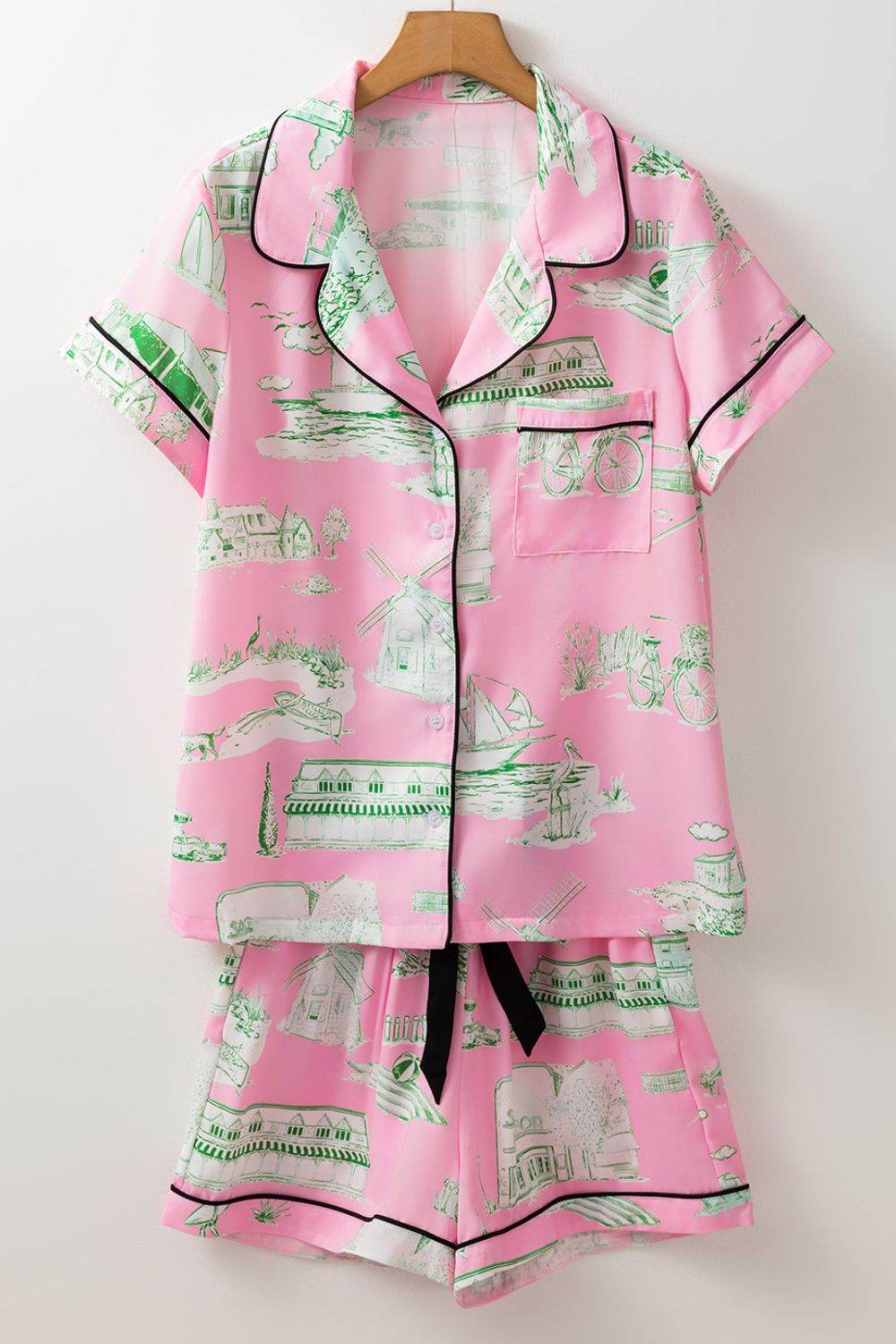 Collared Neck Printed Top and Drawstring Shorts Lounge Set - Velveta Studio