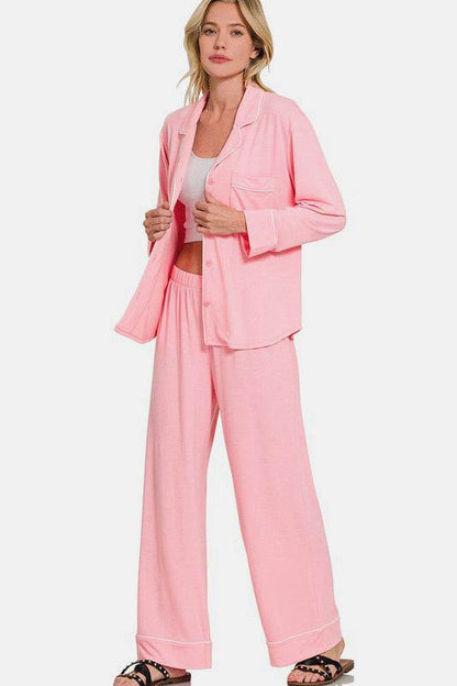 Zenana Button Down Long Sleeve Top and Pants Lounge Set - Velveta Studio