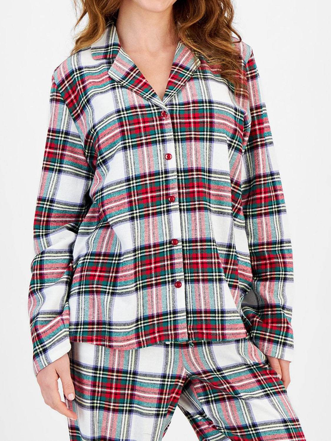 Plaid Collared Neck Button Up Top and Pants Lounge Set - Velveta Studio
