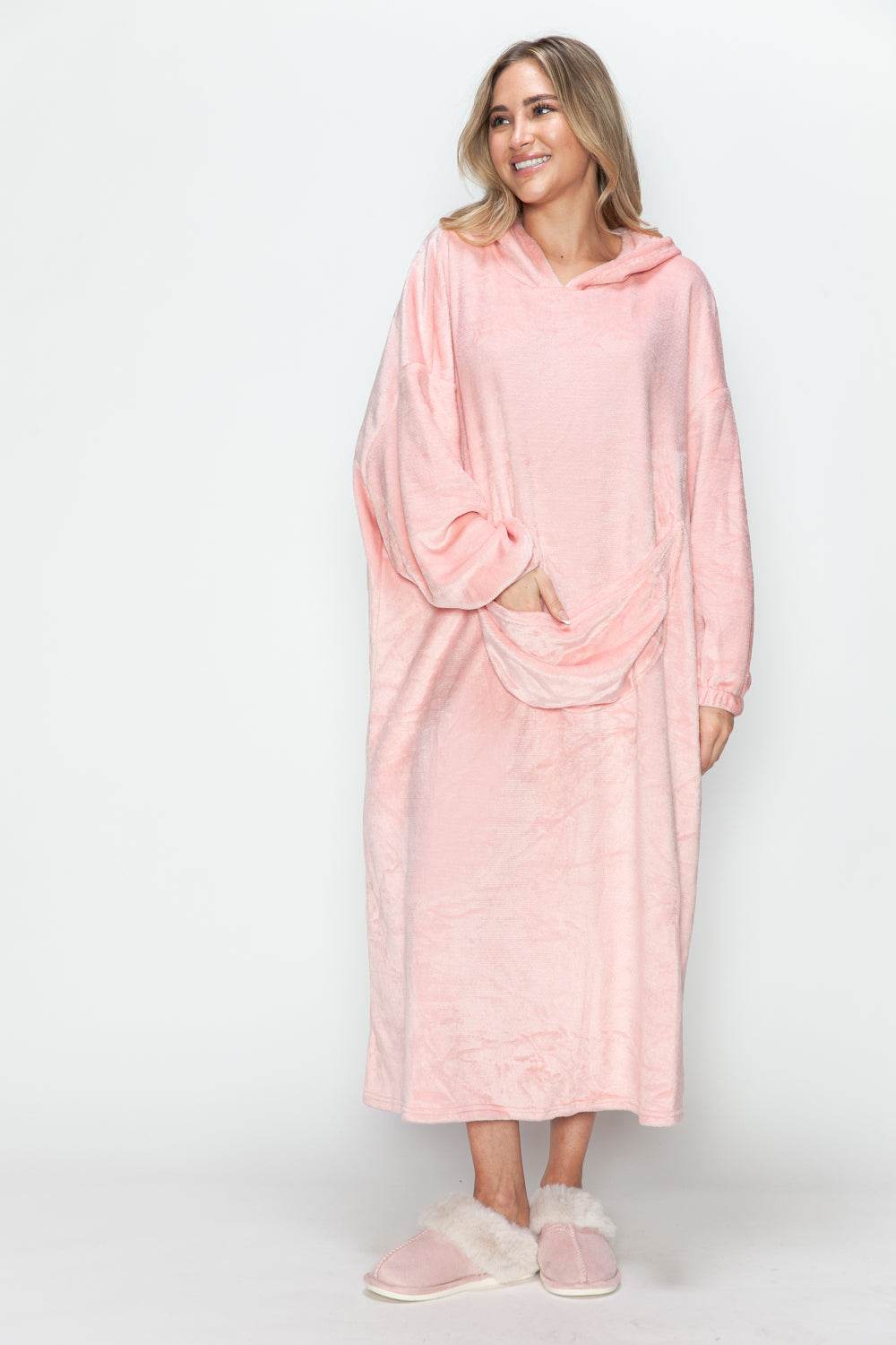 Double Take Full Size Pocketed Hooded Midi Lounge Dress - Velveta Studio