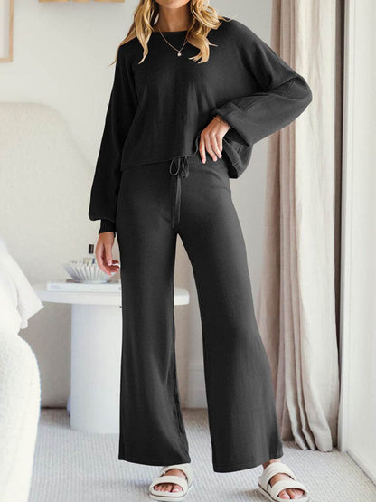 Long Sleeve Lounge Top and Drawstring Pants Set - Velveta Studio