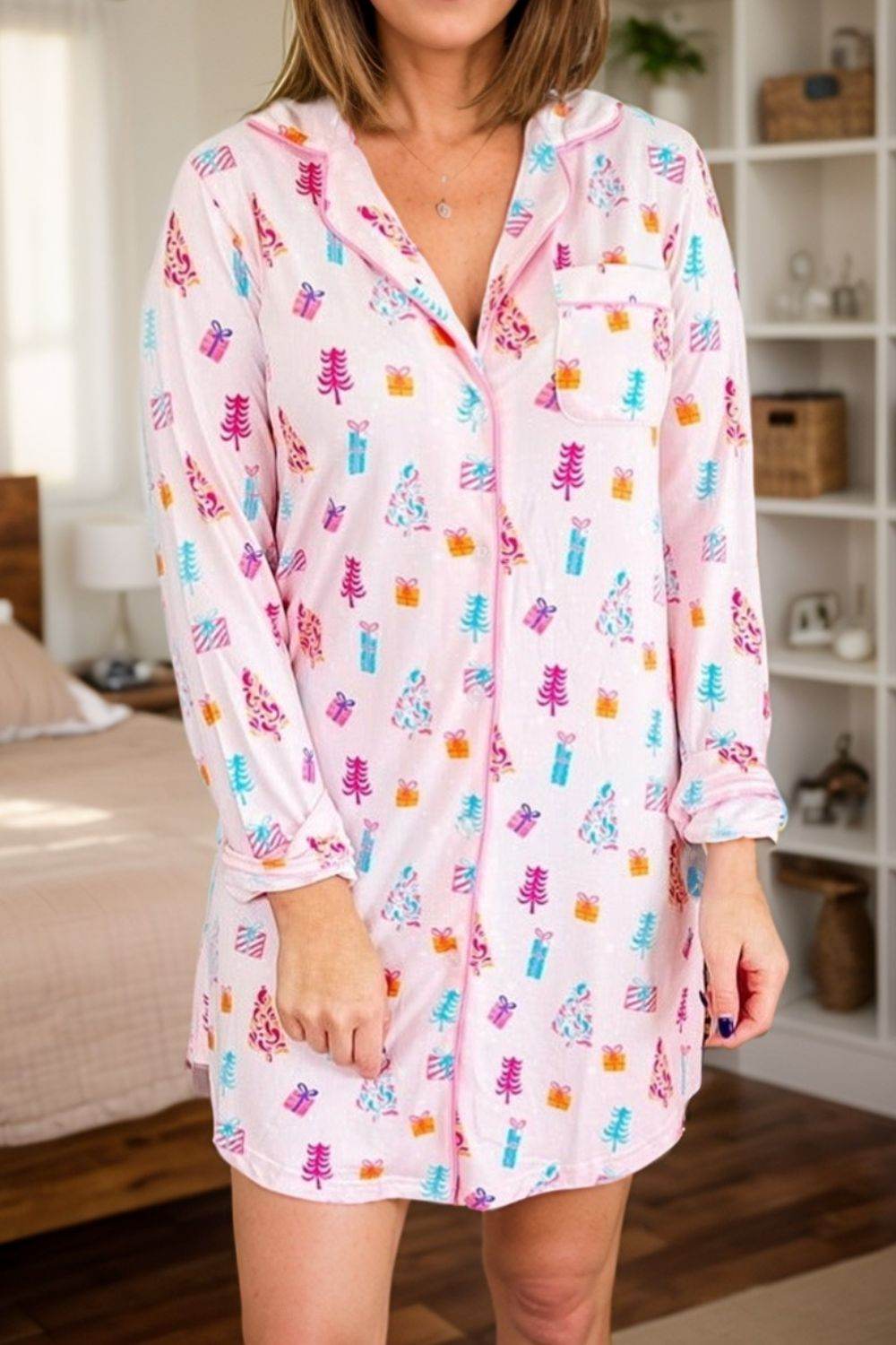 Printed Collared Neck Long Sleeve Lounge Dress - Velveta Studio