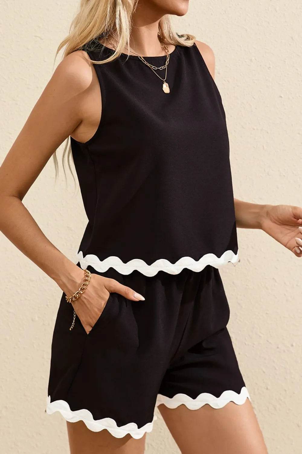 Ricrac Trim Tank Top and Elastic Waist Shorts Set - Velveta Studio