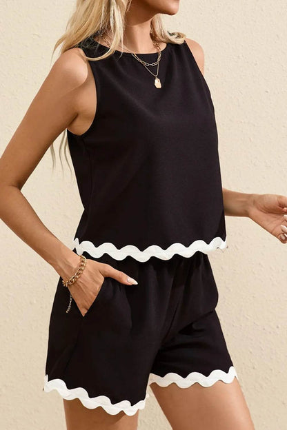 Ricrac Trim Tank Top and Elastic Waist Shorts Set - Velveta Studio