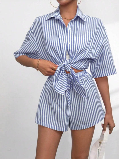 Striped Button Up Shirt and Shorts Set - Velveta Studio