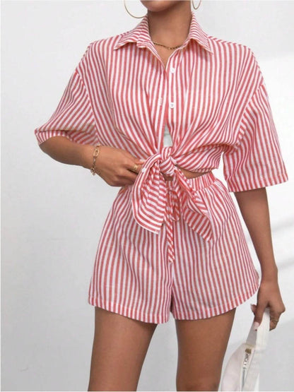 Striped Button Up Shirt and Shorts Set - Velveta Studio