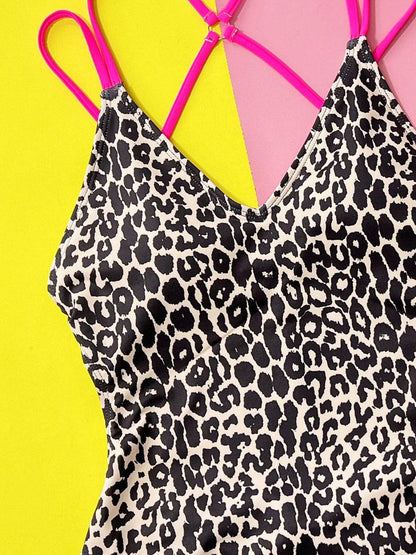 Leopard Plunge Spaghetti Strap One-Piece Swimwear - Velveta Studio