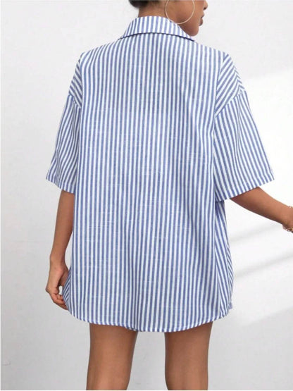 Striped Button Up Shirt and Shorts Set - Velveta Studio
