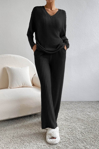 Ribbed V-Neck Top and Pants Lounge Set - Velveta Studio