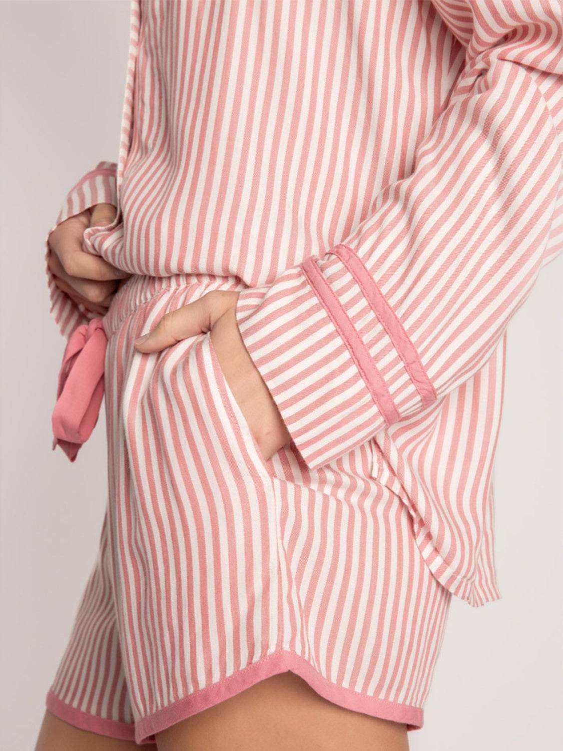 Striped Collared Neck Long Sleeve Top and Shorts Lounge Set - Velveta Studio
