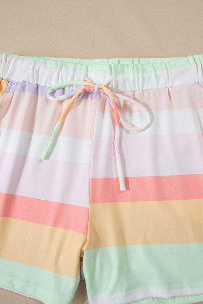 Rainbow Striped Round Neck T Shirt and Shorts Lounge Set - Velveta Studio