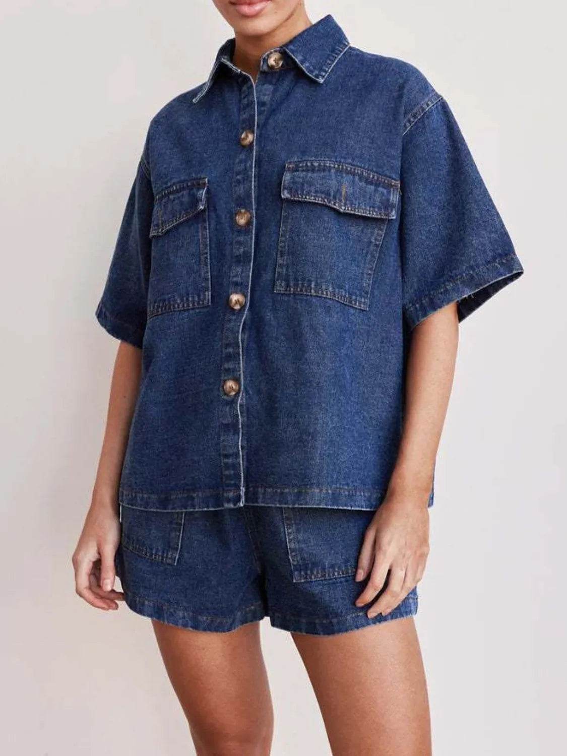 Button Up Short Sleeve Top and Shorts Denim Set - Velveta Studio