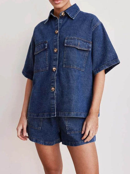 Button Up Short Sleeve Top and Shorts Denim Set - Velveta Studio