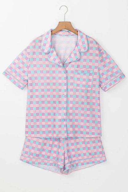 Plaid Collared Neck Short Sleeve Top and Shorts Lounge Set - Velveta Studio