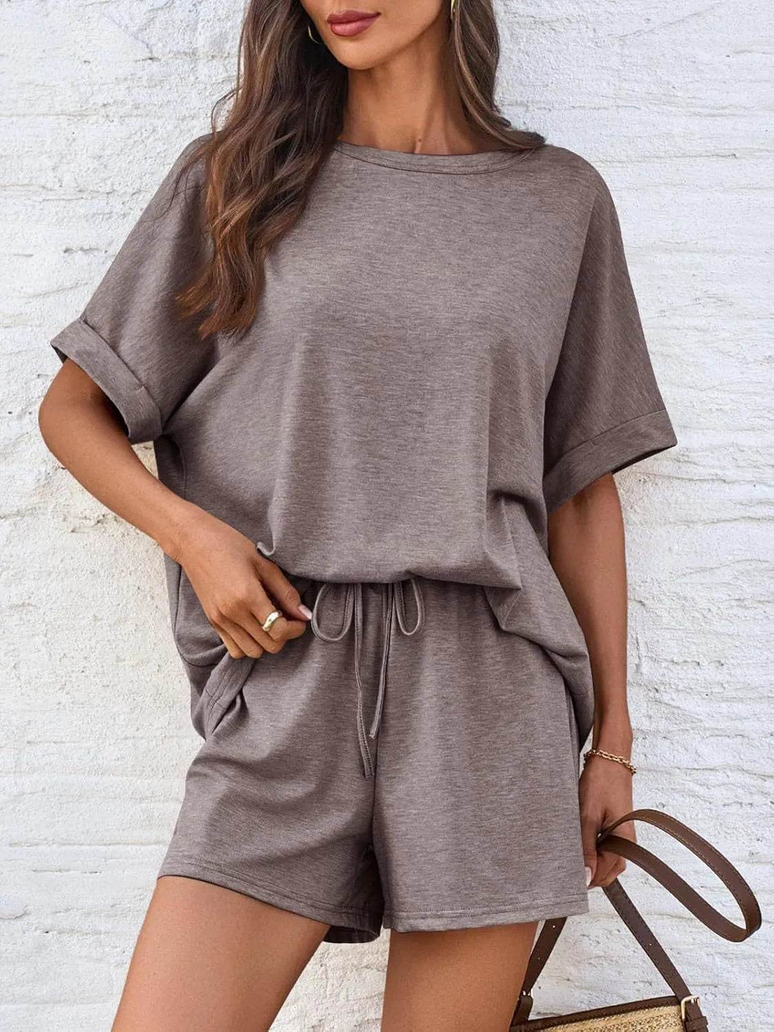 Round Neck Short Sleeve Top and Shorts Set - Velveta Studio