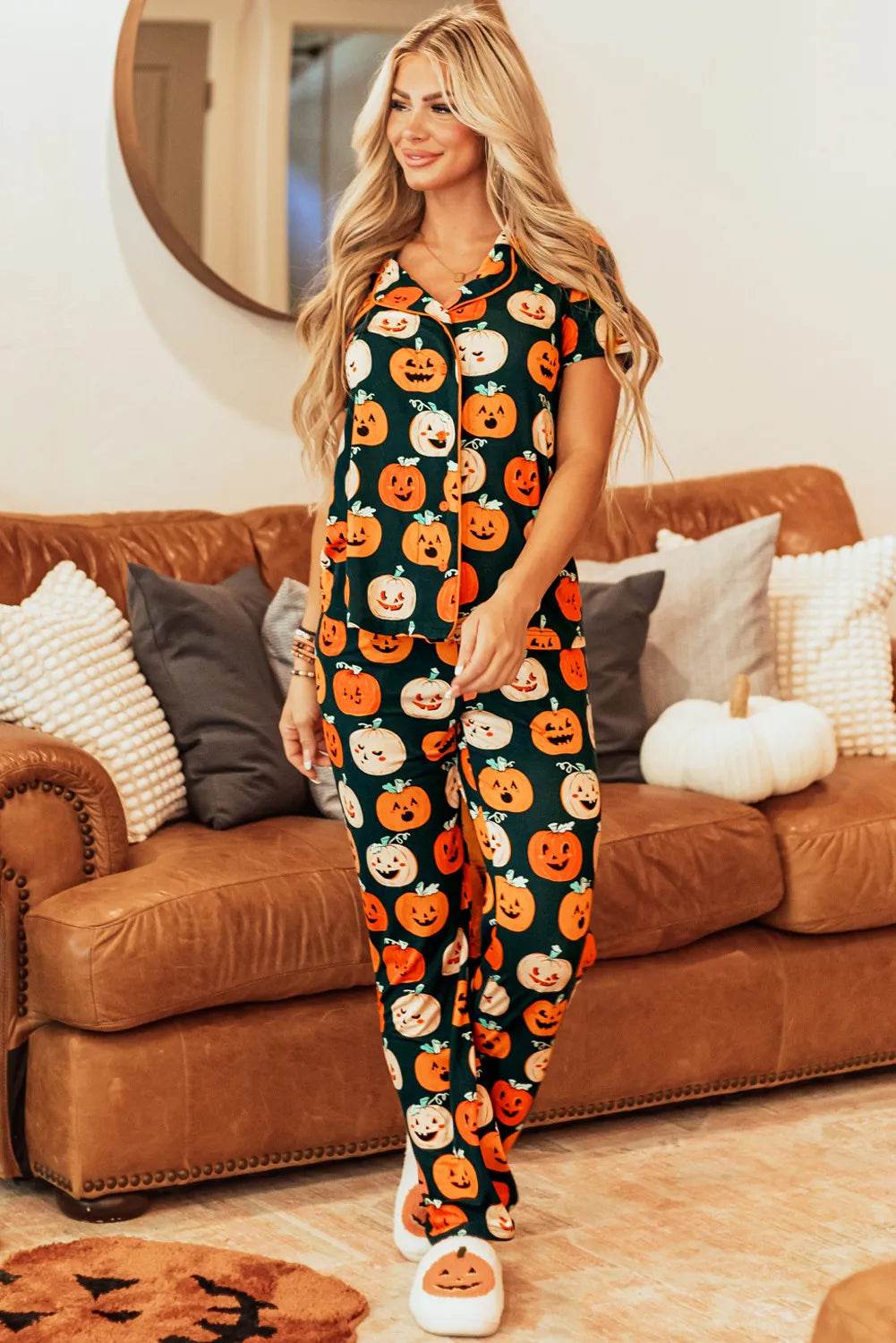 Pumpkin Printed Short Sleeve Top and Pants Lounge Set - Velveta Studio