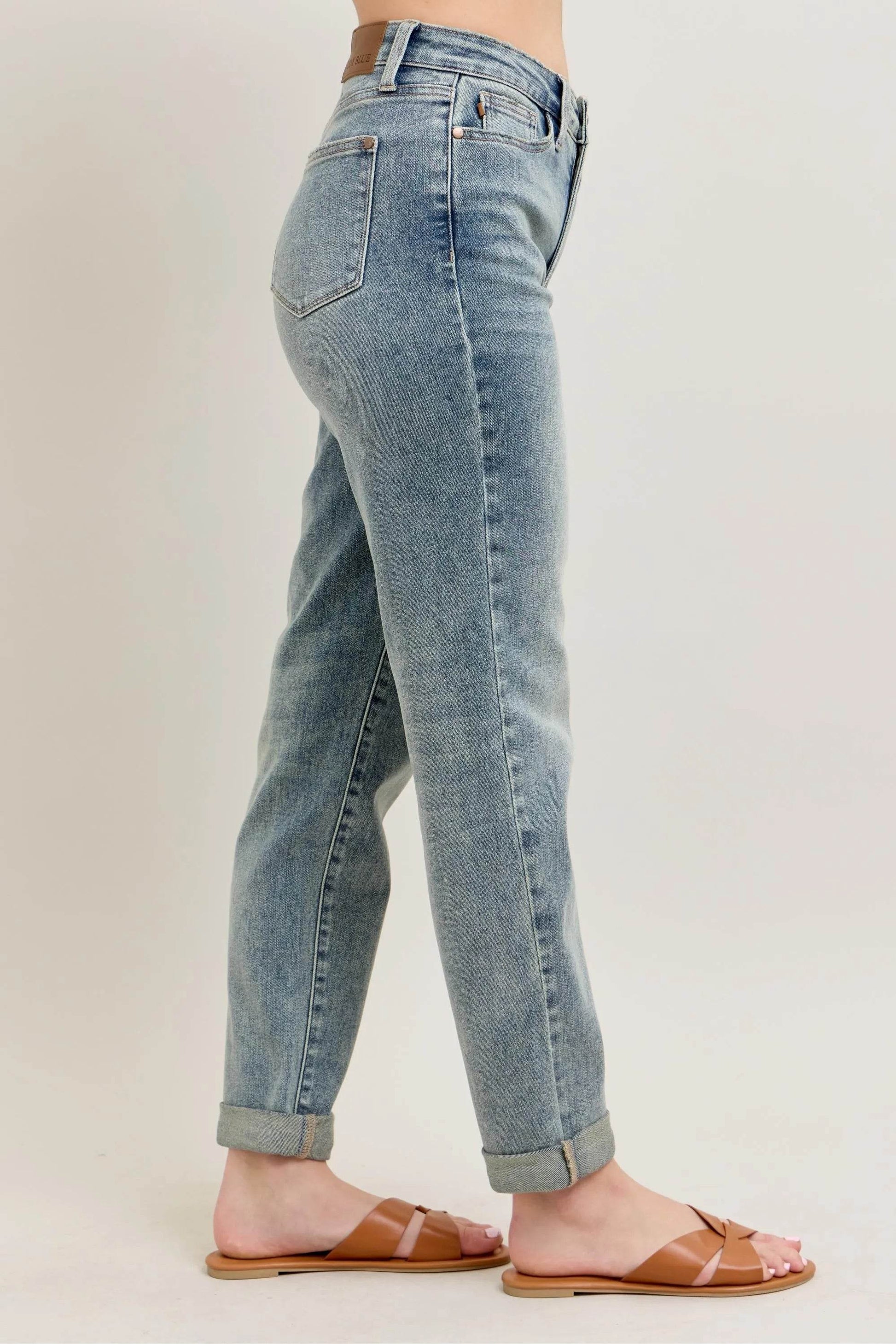 Judy Blue Full Size Hw Vintage Wash Double Roll Cuff Bf Jeans Plus Size - Velveta Studio